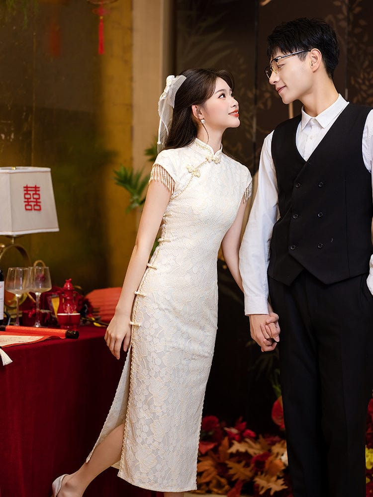 Beth and Brian Qipao-LSB Floral pattern, lace white mid-length Cheongsam