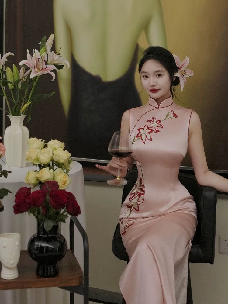 Beth and Brian Qipao-TZ Lily Flower Embroidery, acetate fabric, high-end long Cheongsam
