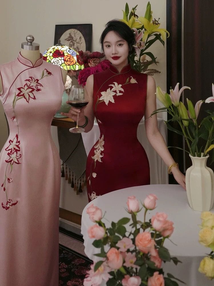 Beth and Brian Qipao-TZ Lily Flower Embroidery, acetate fabric, high-end long Cheongsam