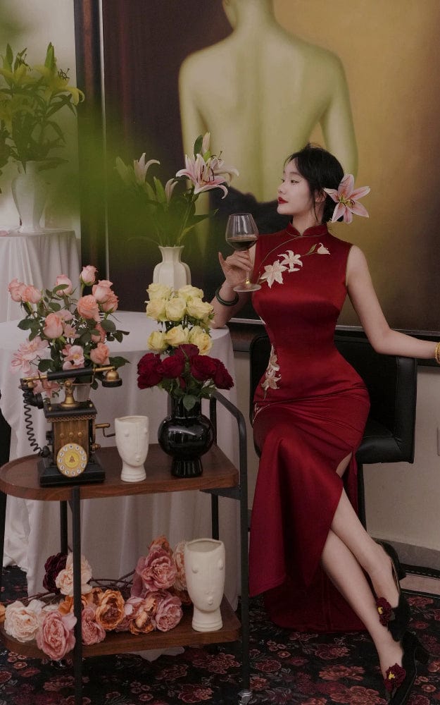 Beth and Brian Qipao-TZ Lily Flower Embroidery, acetate fabric, high-end long Cheongsam