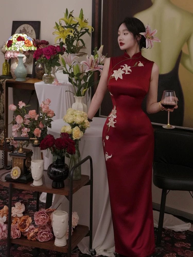 Beth and Brian Qipao-TZ Lily Flower Embroidery, acetate fabric, high-end long Cheongsam