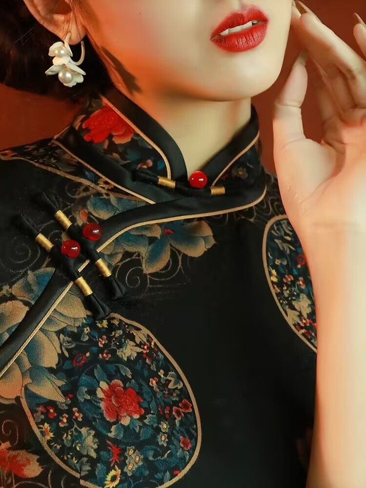 Beth and Brian Qipao-TQX Old Shanghai style, hualuo satin, black long Cheongsam