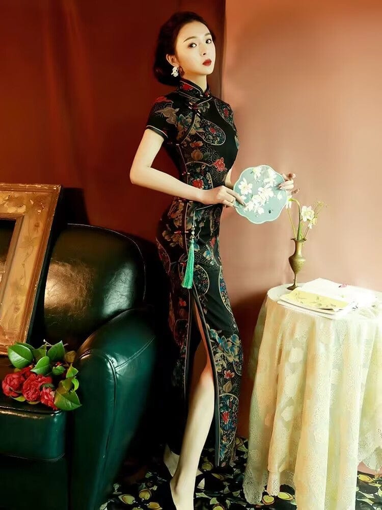 Beth and Brian Qipao-TQX Old Shanghai style, hualuo satin, black long Cheongsam