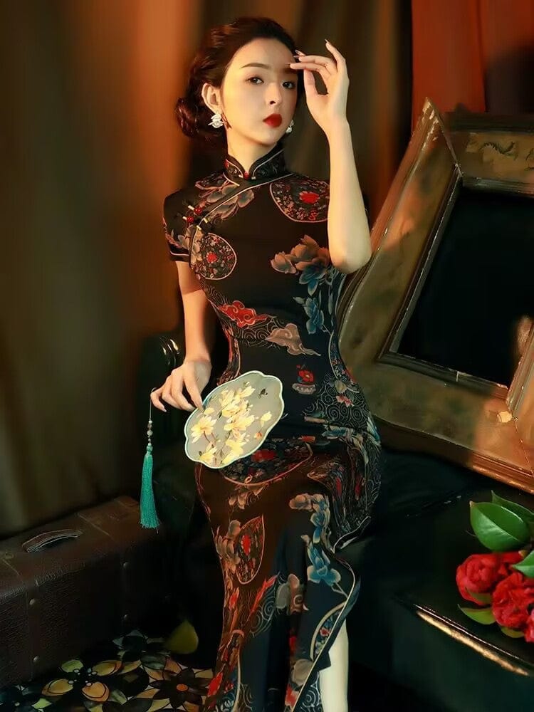 Beth and Brian Qipao-TQX Old Shanghai style, hualuo satin, black long Cheongsam