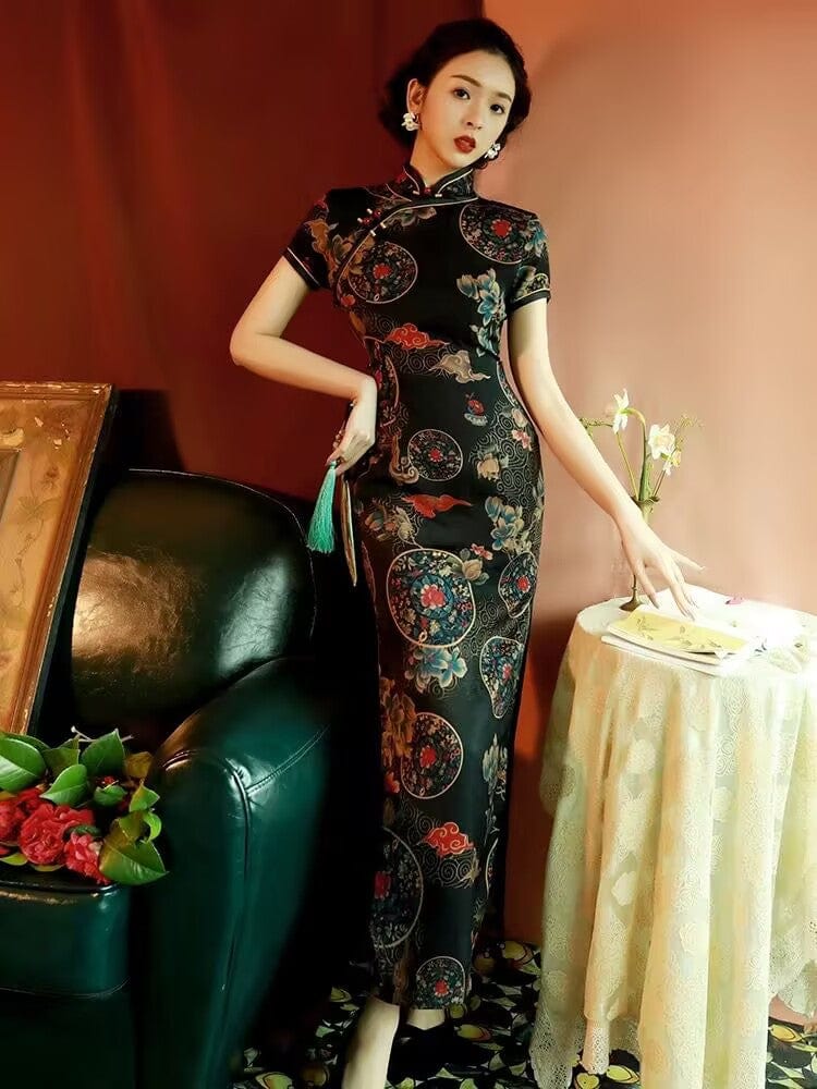 Beth and Brian Qipao-TQX Old Shanghai style, hualuo satin, black long Cheongsam