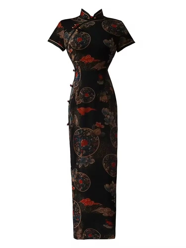 Beth and Brian Qipao-TQX Old Shanghai style, hualuo satin, black long Cheongsam