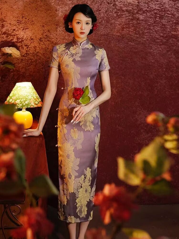Beth and Brian Qipao-ZQYS Floral print, jacquard Cheongsam with short sleeves