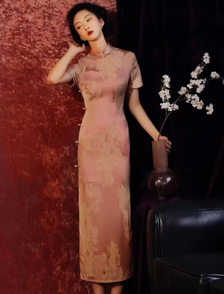 Beth and Brian Qipao-ZQYS Floral print, jacquard Cheongsam with short sleeves