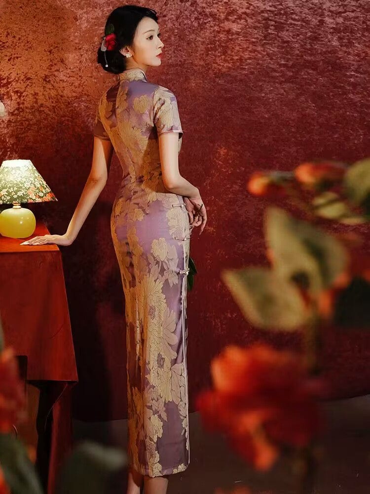 Beth and Brian Qipao-ZQYS Floral print, jacquard Cheongsam with short sleeves