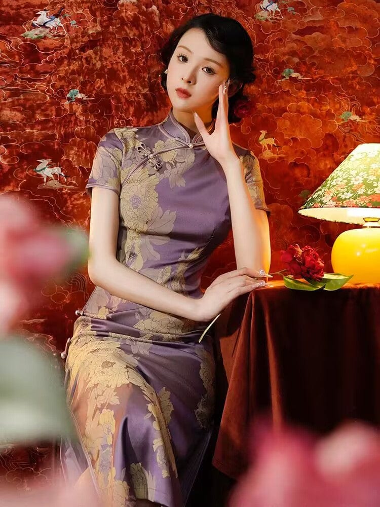 Beth and Brian Qipao-ZQYS Floral print, jacquard Cheongsam with short sleeves