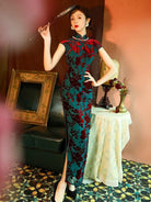 Beth and Brian Qipao-ZQYS Floral pattern, velvet fabric, blue midi Cheongsam