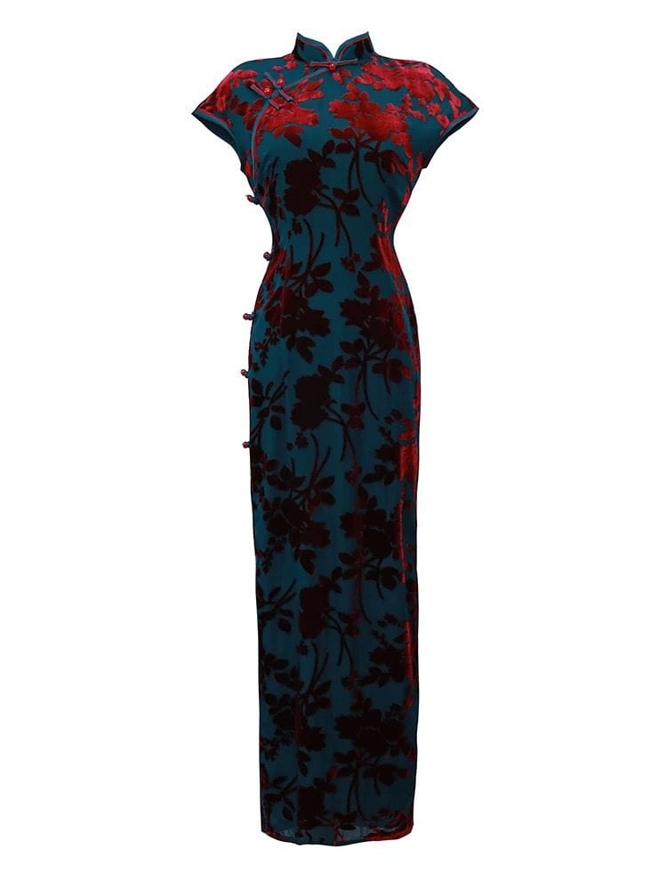 Beth and Brian Qipao-ZQYS Floral pattern, velvet fabric, blue midi Cheongsam