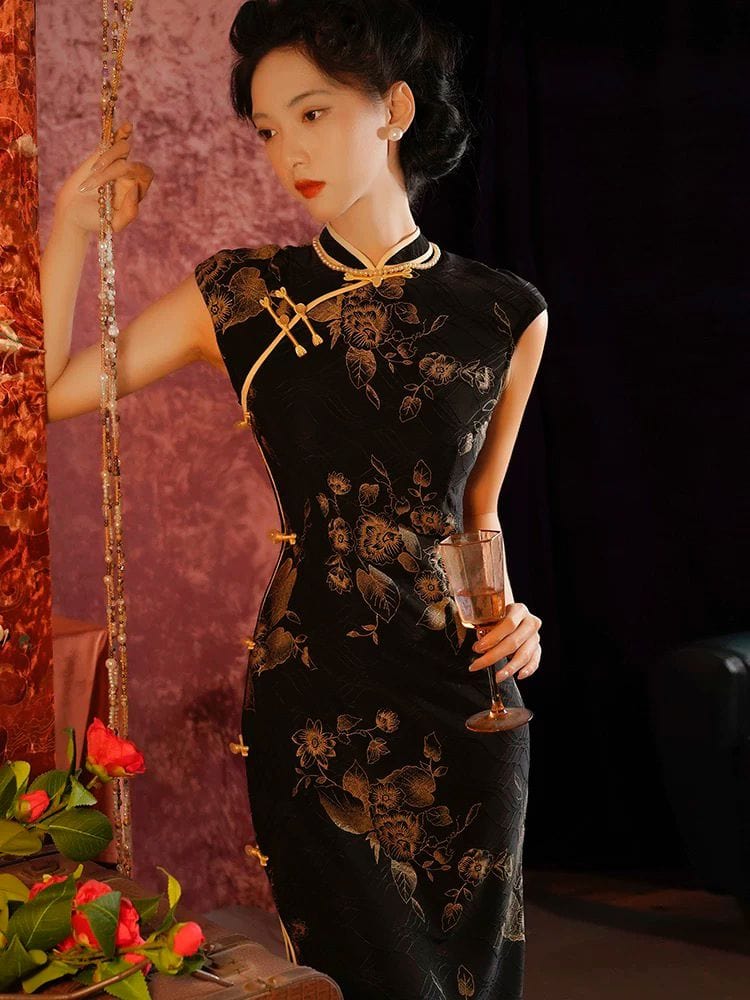 Beth and Brian Qipao-JQZ Old Shanghai style, jacquard midi Cheongsam with raglan sleeves