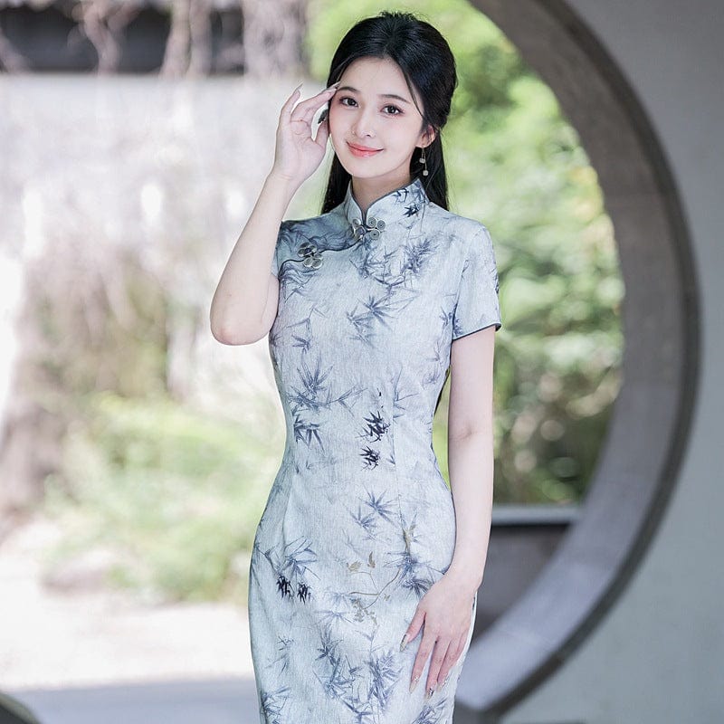 Beth and Brian Qipao-YG Bamboo leaf pattern, light greymidi Cheongsam