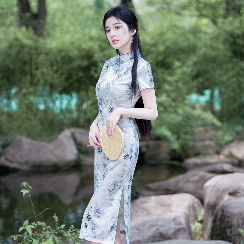 Beth and Brian Qipao-YG Bamboo leaf pattern, light greymidi Cheongsam