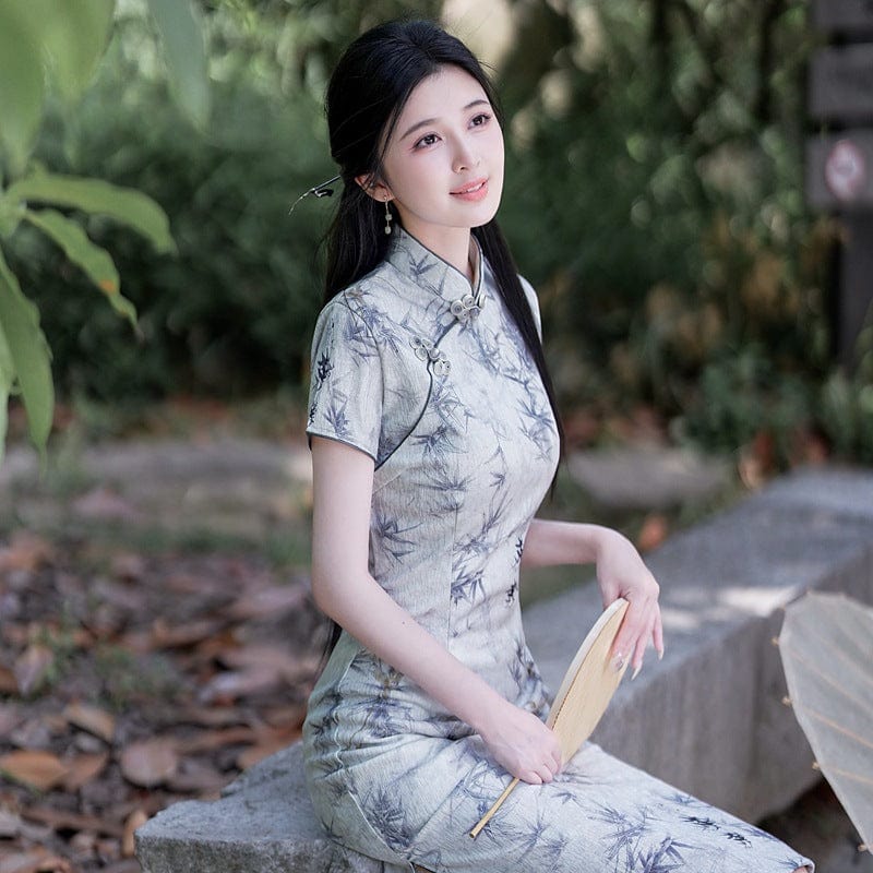 Beth and Brian Qipao-YG Bamboo leaf pattern, light greymidi Cheongsam