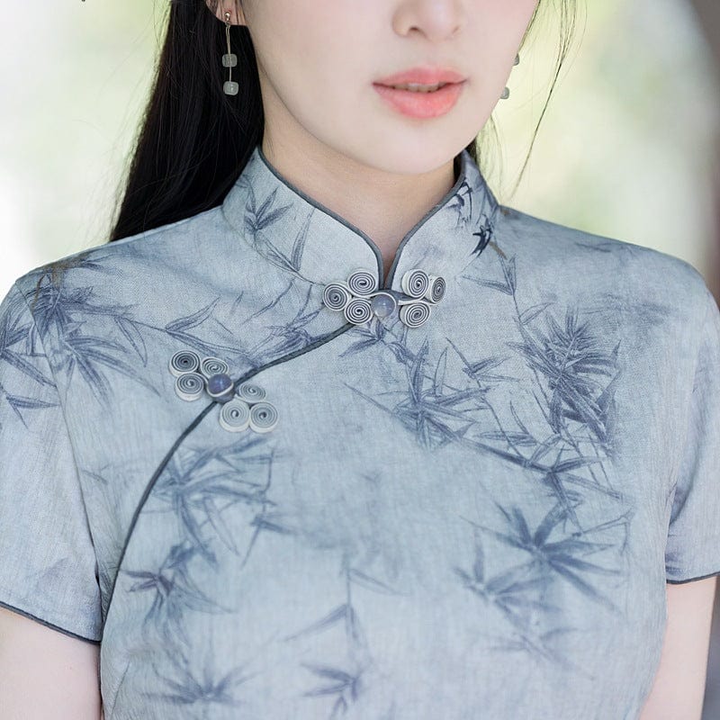 Beth and Brian Qipao-YG Bamboo leaf pattern, light greymidi Cheongsam