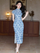 Beth and Brian Qipao-YG Tencel linen fabric, blue midi Cheongsam