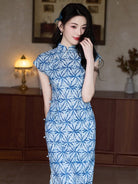 Beth and Brian Qipao-YG Tencel linen fabric, blue midi Cheongsam