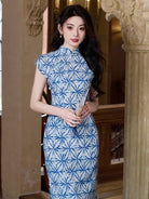 Beth and Brian Qipao-YG Tencel linen fabric, blue midi Cheongsam