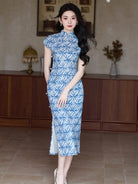 Beth and Brian Qipao-YG Tencel linen fabric, blue midi Cheongsam