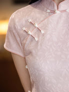 Beth and Brian Qipao-YG Leaf pattern, silk hemp midi Cheongsam with short sleeves