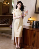 Beth and Brian Qipao-YG Leaf pattern, silk hemp midi Cheongsam with short sleeves