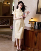 Beth and Brian Qipao-YG Leaf pattern, silk hemp midi Cheongsam with short sleeves