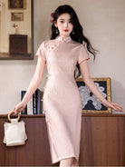 Beth and Brian Qipao-YG Leaf pattern, silk hemp midi Cheongsam with short sleeves