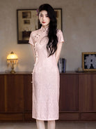 Beth and Brian Qipao-YG Leaf pattern, silk hemp midi Cheongsam with short sleeves