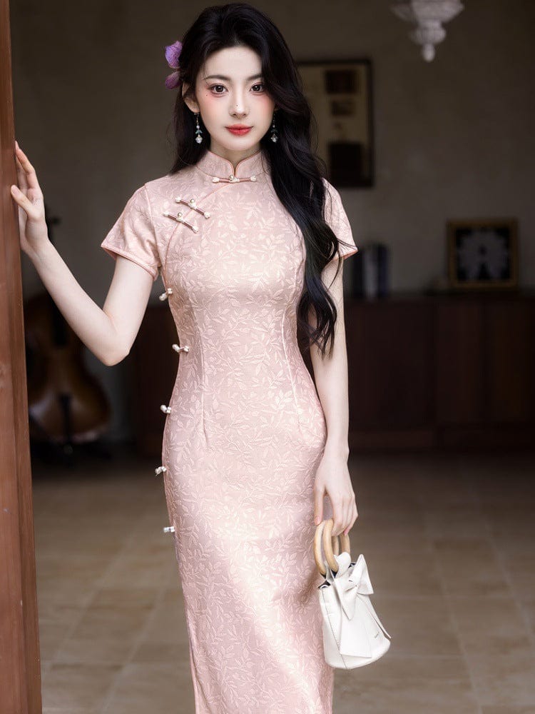 Beth and Brian Qipao-YG Leaf pattern, silk hemp midi Cheongsam with short sleeves