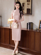 Beth and Brian Qipao-YG Leaf pattern, silk hemp midi Cheongsam with short sleeves