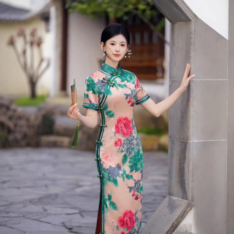 Beth and Brian Qipao-FRY Floral pattern, green long Cheongsam