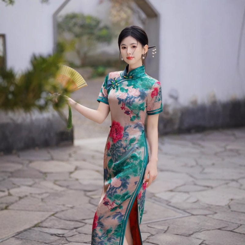 Beth and Brian Qipao-FRY Floral pattern, green long Cheongsam