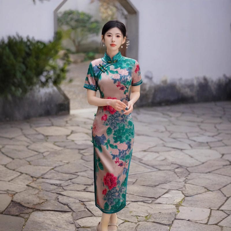 Beth and Brian Qipao-FRY Floral pattern, green long Cheongsam