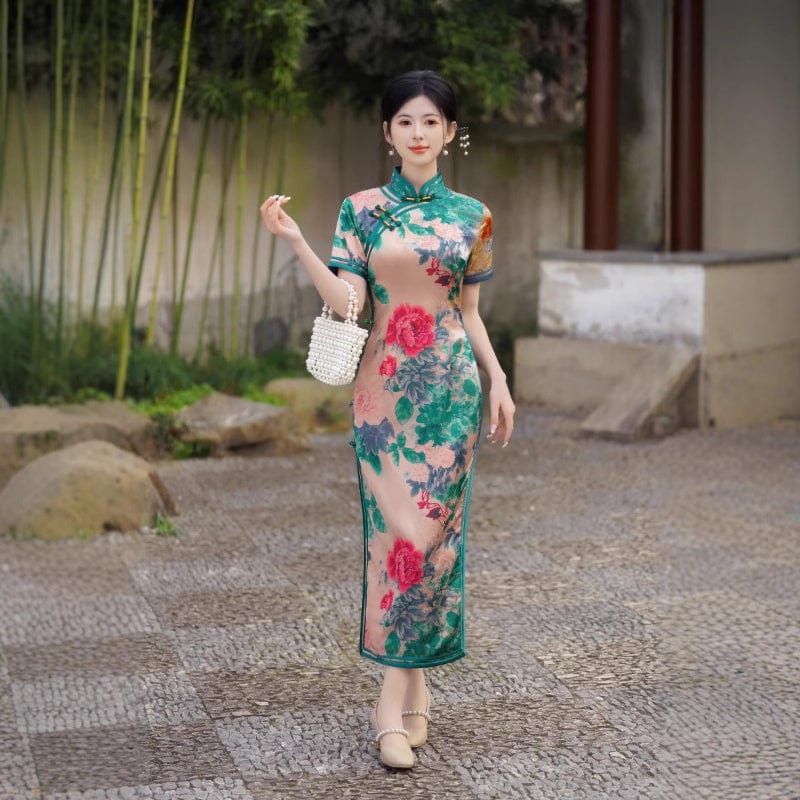 Beth and Brian Qipao-FRY Floral pattern, green long Cheongsam