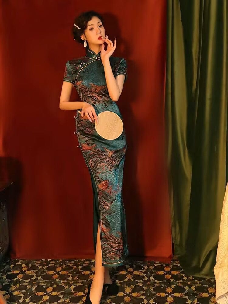 Beth and Brian Qipao-FRY Chinese Auspicious Cloud Pattern, retro long Cheongsam