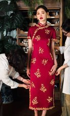Beth and Brian Qipao-DW High-end, floral pattern, wedding red midi Cheongsam