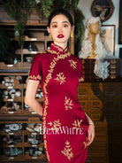 Beth and Brian Qipao-DW High-end, floral pattern, wedding red midi Cheongsam