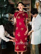 Beth and Brian Qipao-DW High-end, floral pattern, wedding red midi Cheongsam
