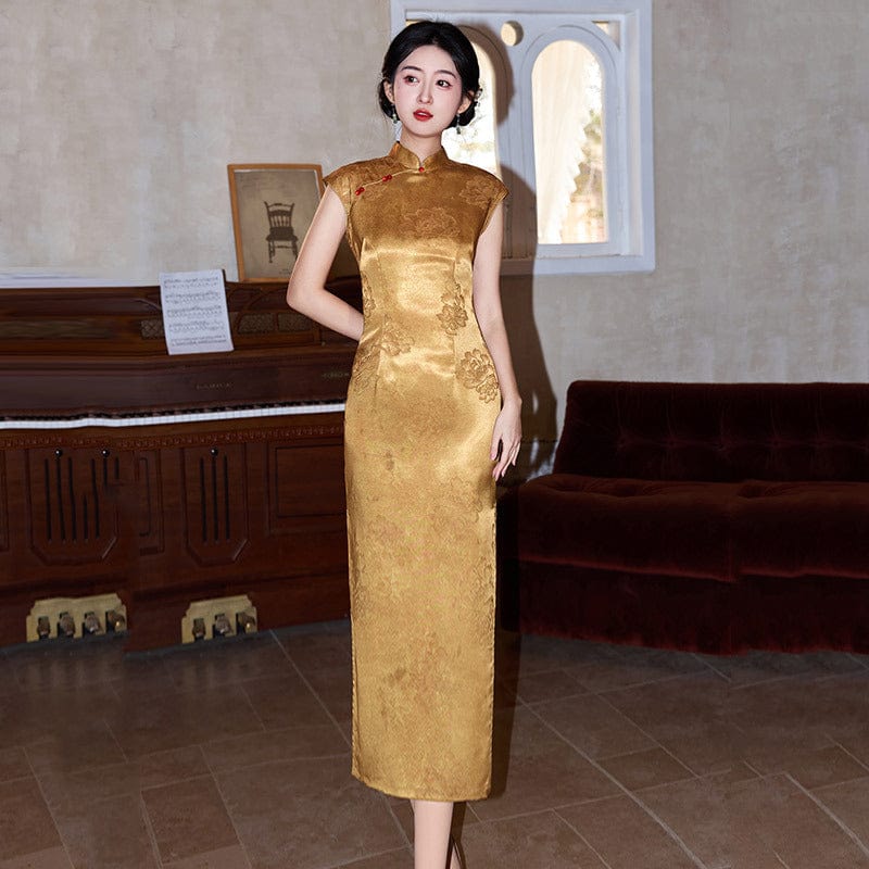 Beth and Brian Qipao-ZQYS Chinese retro style, floral pattern, gold midi Cheongsam