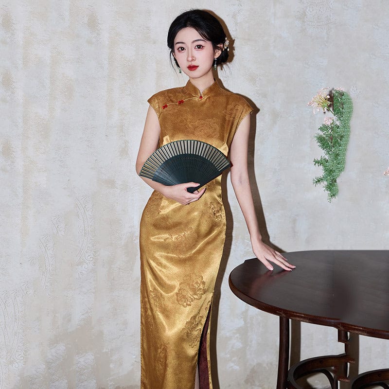 Beth and Brian Qipao-ZQYS Chinese retro style, floral pattern, gold midi Cheongsam