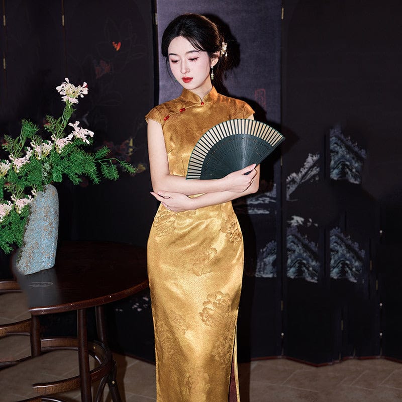 Beth and Brian Qipao-ZQYS Chinese retro style, floral pattern, gold midi Cheongsam