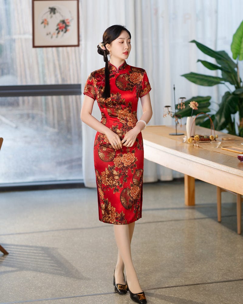 Beth and Brian Qipao-SZY Floral print, Hua luo, blue&red midi Cheongsam