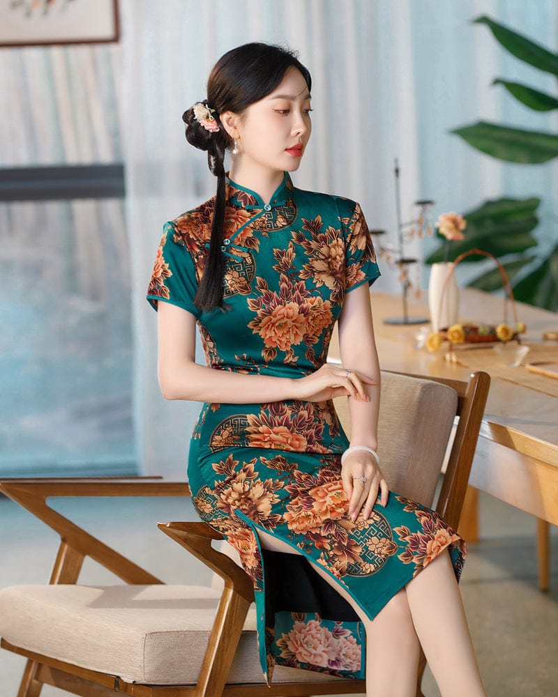 Beth and Brian Qipao-SZY Floral print, Hua luo, blue&red midi Cheongsam