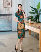 Beth and Brian Qipao-SZY Floral print, Hua luo, blue&red midi Cheongsam