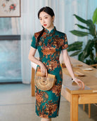 Beth and Brian Qipao-SZY Floral print, Hua luo, blue&red midi Cheongsam