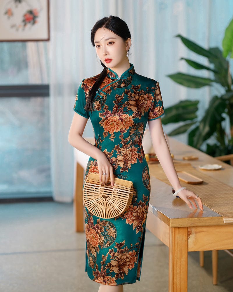 Beth and Brian Qipao-SZY Floral print, Hua luo, blue&red midi Cheongsam