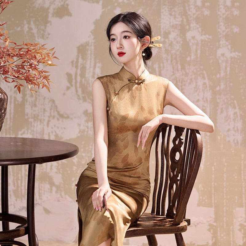 Beth and Brian Qipao-ZQYS Floral pattern, gold&blue midi Cheongsam
