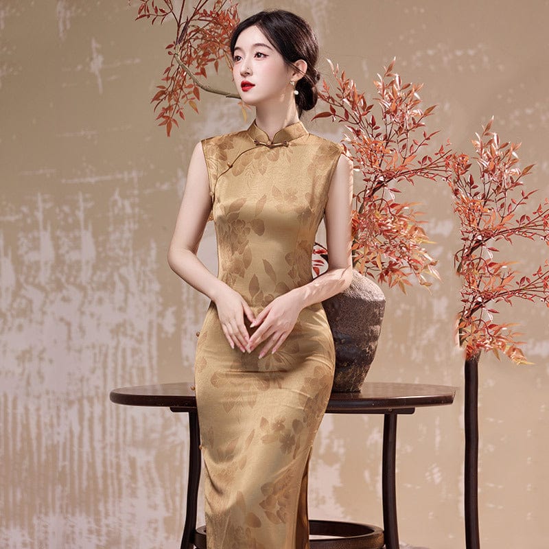 Beth and Brian Qipao-ZQYS Floral pattern, gold&blue midi Cheongsam